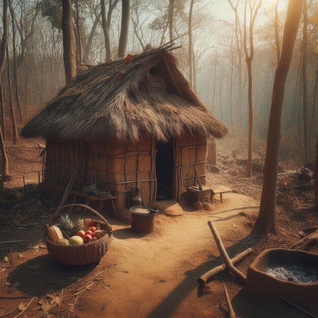 Una escena rural de una cabaña de barro en un bosque con un viejo techo hecho de hierba y ramas