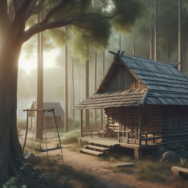 Una escena rural de una cabaña de madera en un bosque con un viejo techo hecho de tejas y tablas