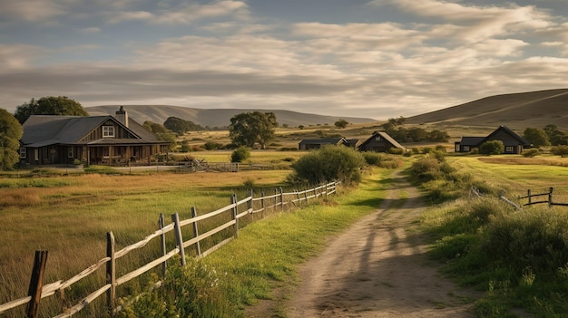 Una escena rural con un camino cercado que conduce a una granja y montañas al fondo.