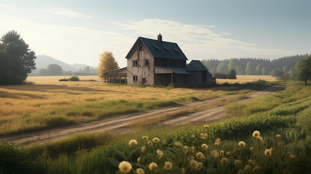 Una escena rural con una casa en primer plano y un campo de flores.