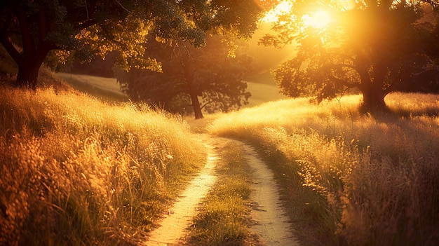 Escena rural com um caminho calorosamente iluminado pela luz dourada do sol AI Generativeive