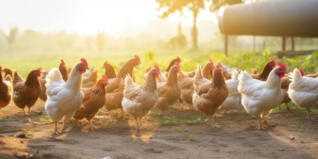 Escena rural con gallinas al amanecer.