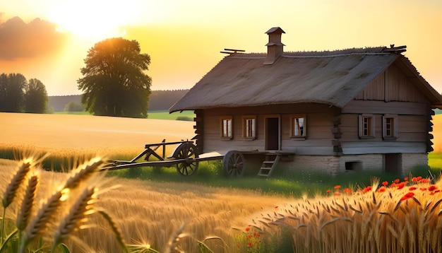 Foto escena rural idílica con una cabaña de madera, un campo de trigo y una puesta de sol