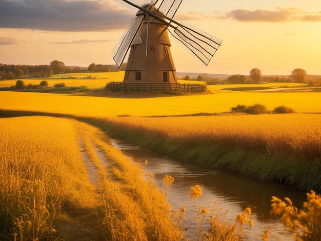 Una escena rural pacífica con un molino de viento rústico y campos dorados