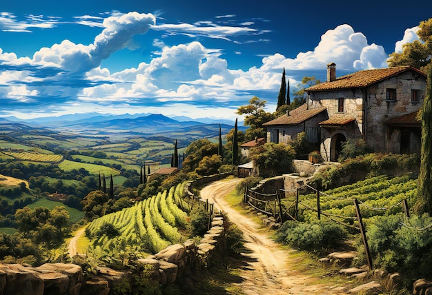 Una escena rural de viñedos en la Toscana