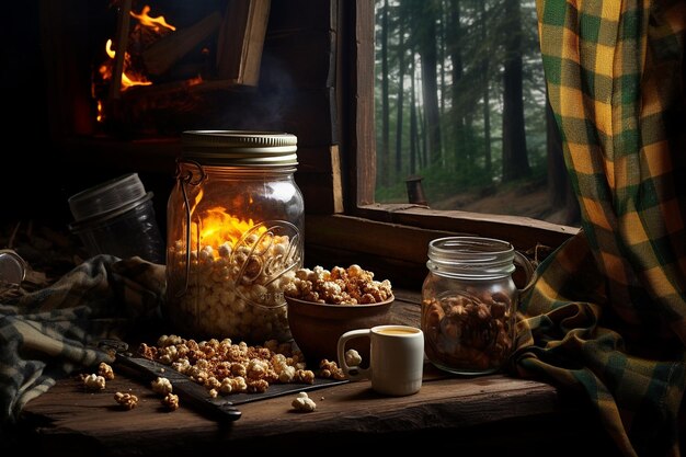 Foto escena rústica con un frasco de palomitas de maíz de caramelo caseras