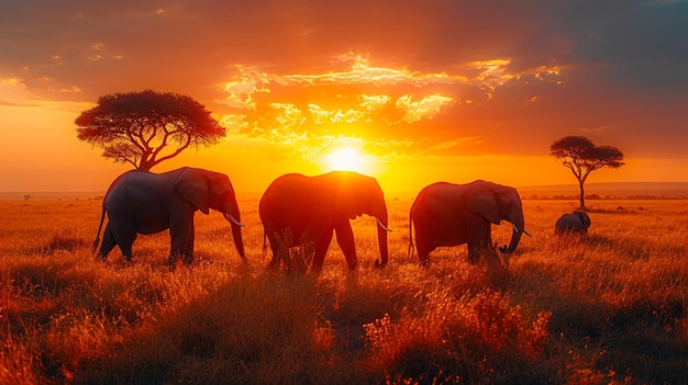 Escena de safari al atardecer con elefantes y acacias en el Serengeti