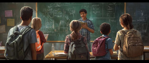 Escena en el salón de clases con diversos estudiantes reunidos