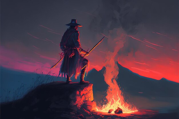 Escena de samurai con espada de fuego de pie sobre la roca ilustración de estilo de arte digital pintura concepto de fantasía de un samurai con la espada