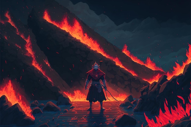 Escena de samurai con espada de fuego de pie sobre la roca ilustración de estilo de arte digital pintura concepto de fantasía de un samurai con la espada