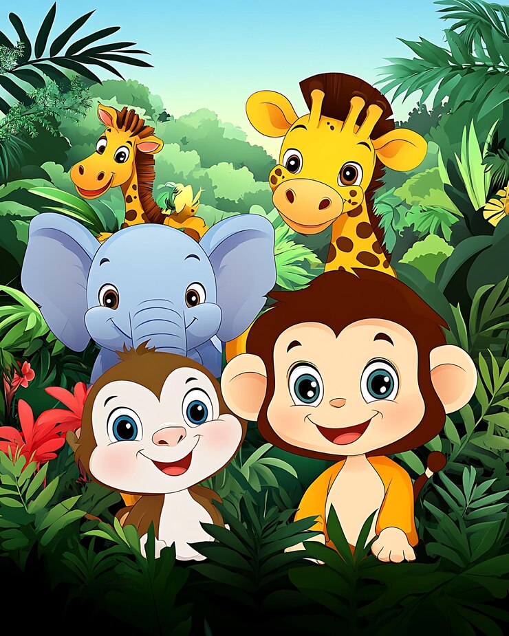 escena de la selva de dibujos animados con un mono