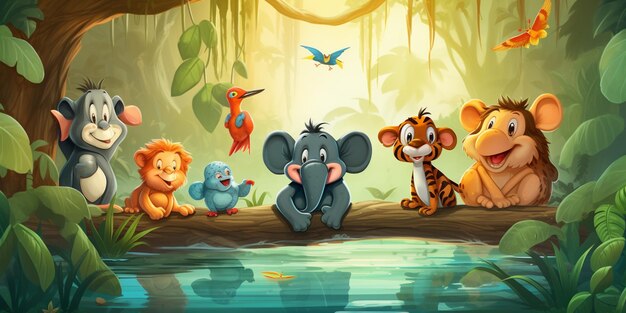 Foto escena de la selva de dibujos animados con muchos animales y aves en la selva generativo ai