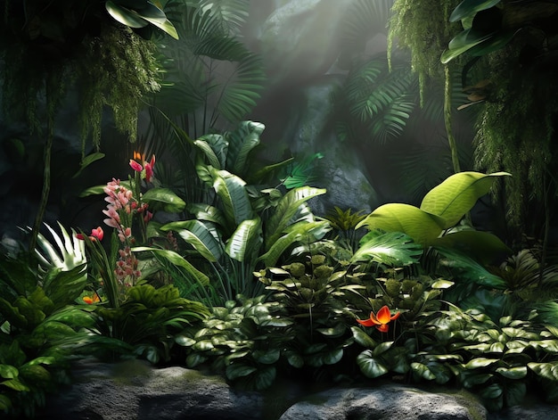 Una escena de la selva con plantas y flores.