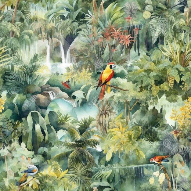 Una escena de selva tropical con un loro en medio de la selva.