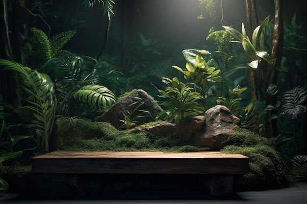 Una escena de selva tropical con una planta en el fondo y una roca en primer plano.