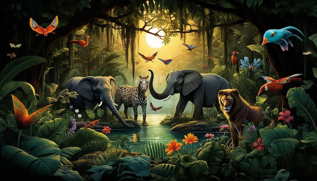 Foto escena de la selva con una variedad de animales