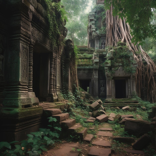 Una escena selvática con un árbol creciendo a la izquierda y un templo con un edificio cubierto de musgo a la derecha.