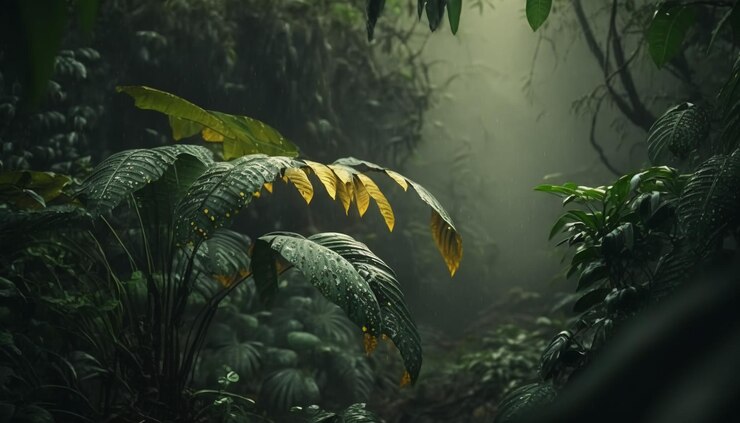 Una escena selvática con un árbol en primer plano y una luz que brilla a través de las hojas.