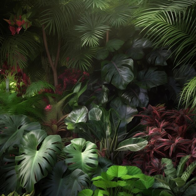 Una escena selvática con plantas tropicales y una escena selvática.