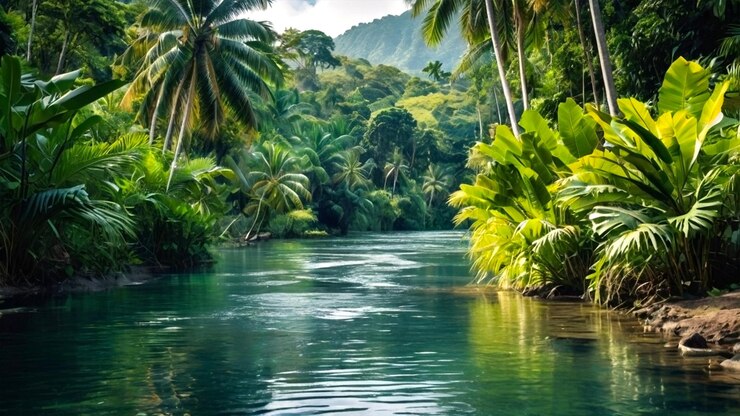 Una escena de senderismo por un río tropical con un río serpenteante rodeado de exuberante vegetación