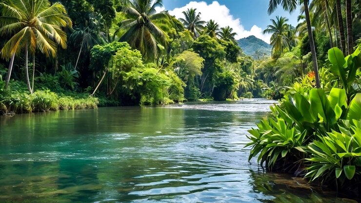 Una escena de senderismo por un río tropical con un río serpenteante rodeado de exuberante vegetación