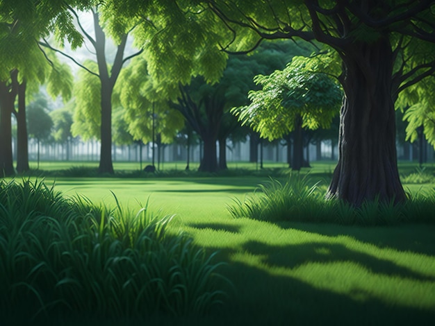 Una escena serena y acogedora que muestra una exuberante hierba verde y bosques vibrantes en un parque