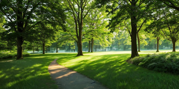 Una escena serena y acogedora que muestra una exuberante hierba verde y bosques vibrantes en un parque