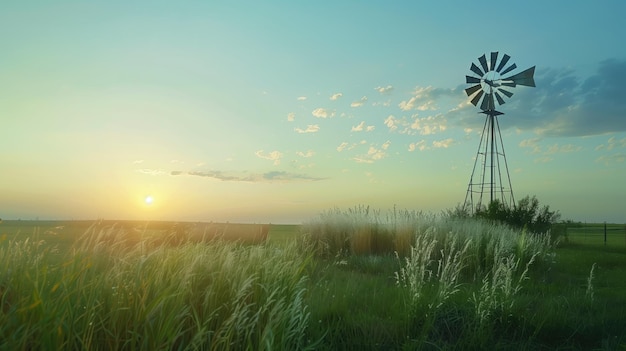 Una escena serena de amanecer con un viejo molino de viento en medio de altas hierbas contra un cielo azul suave