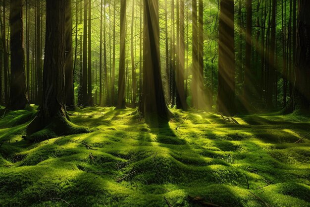 Una escena serena del bosque con la luz del sol filtrándose a través de los árboles en un suelo de bosque cubierto de musgo