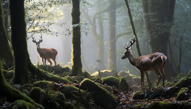 una escena serena de ciervos pastando en un bosque de niebla al amanecer