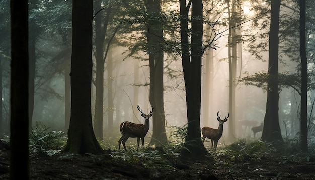 una escena serena de ciervos pastando en un bosque de niebla al amanecer