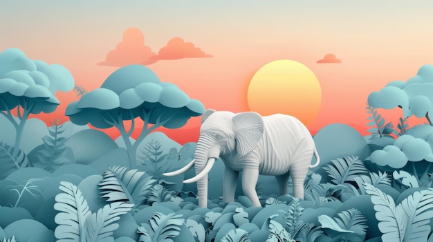 Foto una escena serena con un elefante blanco rodeado de exuberante follaje pastelado y árboles bajo una puesta de sol