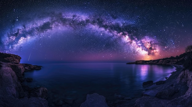 Una escena serena y encantadora de la galaxia de la Vía Láctea arqueándose sobre el mar