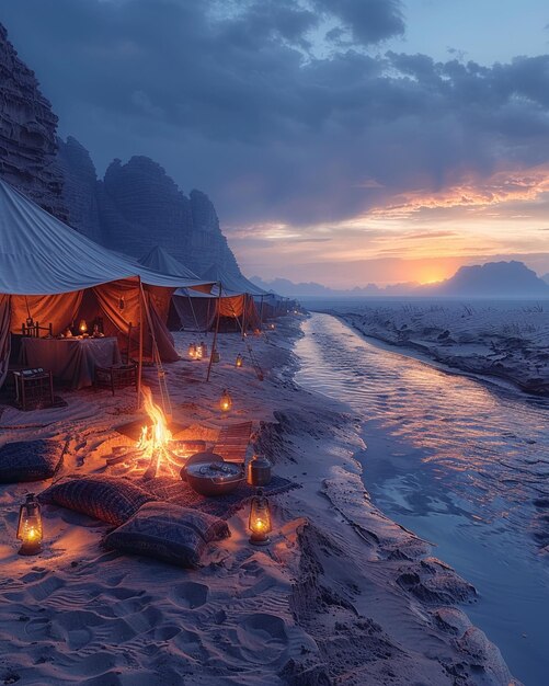 Foto una escena serena de una fogata en el desierto rodeada de papel tapiz