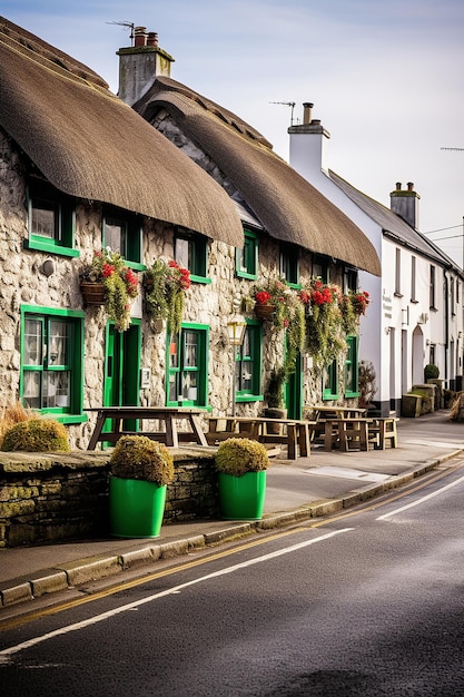 Foto una escena serena de la mañana en un pueblo irlandés decorado para el día de san patricio