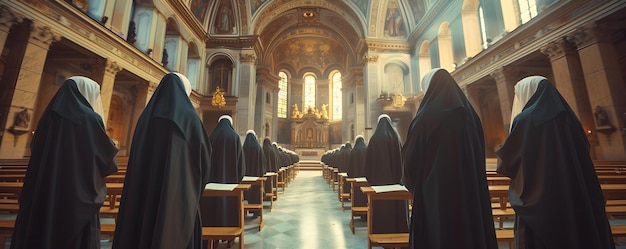 Una escena serena de monjas en hábitos tradicionales profundamente inmersas en la oración dentro de una iglesia Concepto Serenidad en la oración Monjas en los hábitos Meditación de la iglesia