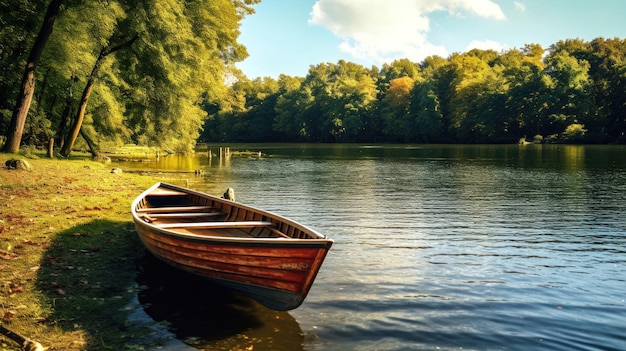 Una escena serena a orillas de un lago con un bote a remos que flota suavemente en el agua