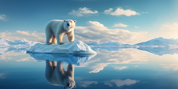 Escena serena de un oso polar de pie en un pequeño iceberg con un reflejo perfecto en aguas tranquilas
