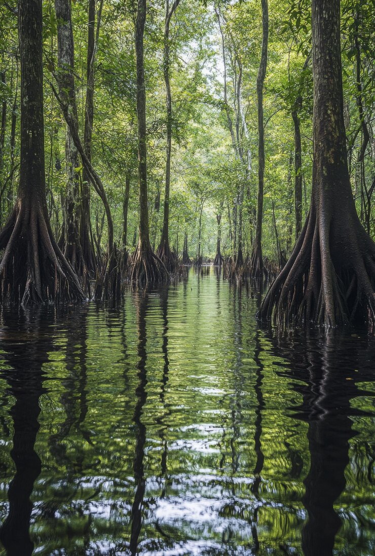 Una escena serena de pantano con árboles que crecen fuera del agua sus raíces expuestas creando un visual intrincado y cautivador