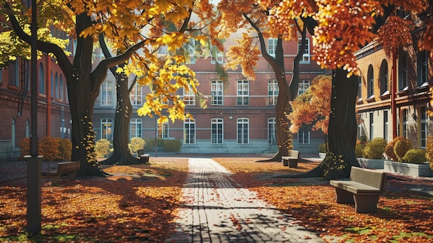 La escena serena del patio de la universidad en otoño