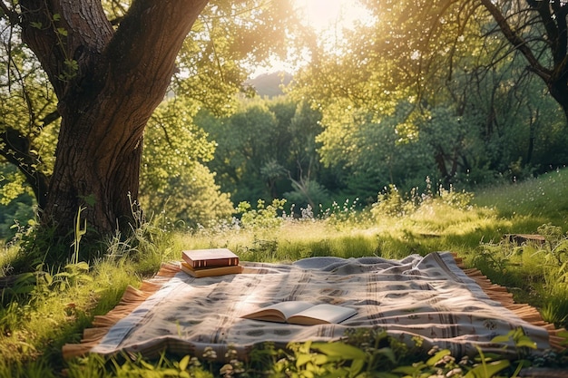 Una escena serena de picnic de verano en un bosque exuberante con la cálida luz del sol mirando a través de los árboles