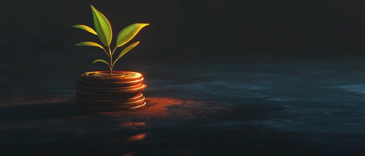 Escena serena de una planta que brota de las monedas