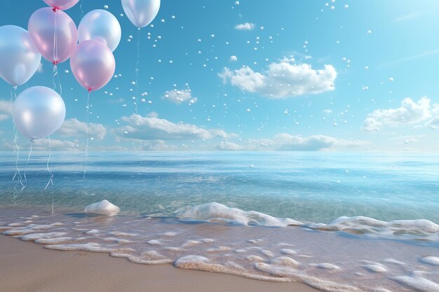Foto una escena serena en la playa con globos flotando suavemente 00349 02