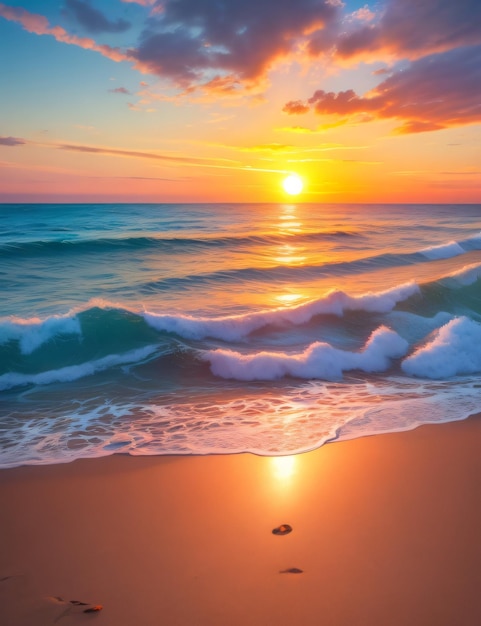 escena serena de la playa con iluminación dramática capturando los vibrantes tonos del sol poniente