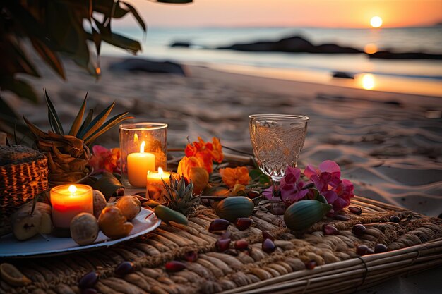 Foto una escena serena de playa, velas parpadeando entre flores vibrantes en una bandeja creada con tecnología de ia generativa