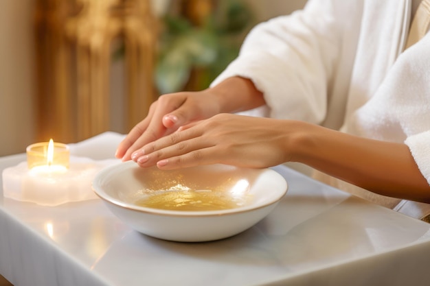 Una escena serena que representa a una mujer disfrutando de un día de spa con una sesión rejuvenecedora de terapia de manos que enfatiza la belleza y la relajación en un entorno tranquilo.