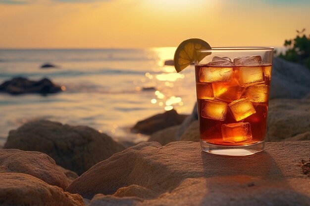 Una escena serena de té helado disfrutado en una playa aislada al atardecer