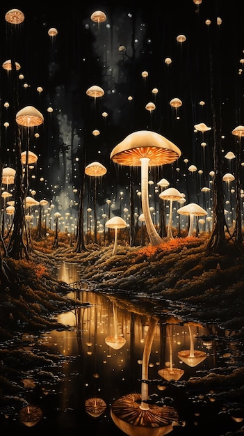 Escena de setas de dibujos animados de hongos del bosque de neón