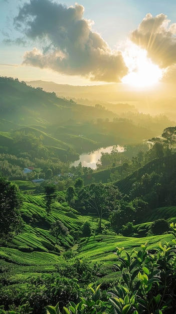 Escena soleada con vistas a la plantación de té de la isla de Sri Lanka foto profesional de colores brillantes y ricos