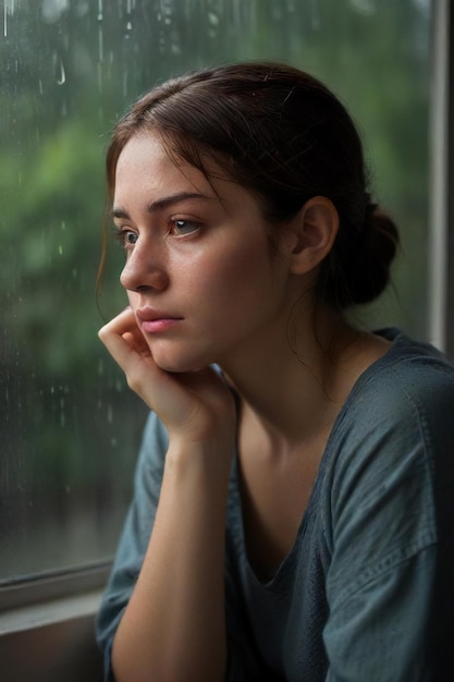 Foto escena sombría y lluviosa retrato expresivo de una mujer triste junto a la ventana generado por la ia